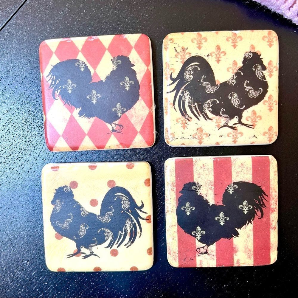 Vintage Retro Farmhouse Jo Moulton Rooster Farm Country Coaster Set Of 4 - Picture 5 of 11